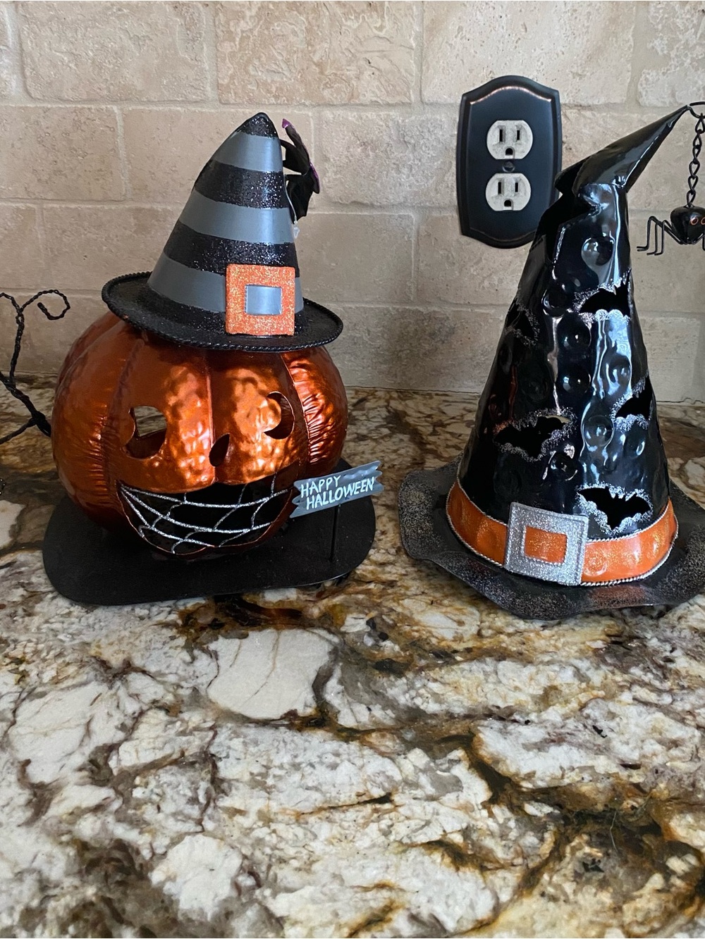 Set of 2 Metal Halloween tea light burners - Witch’s Hat and Pumpkin.